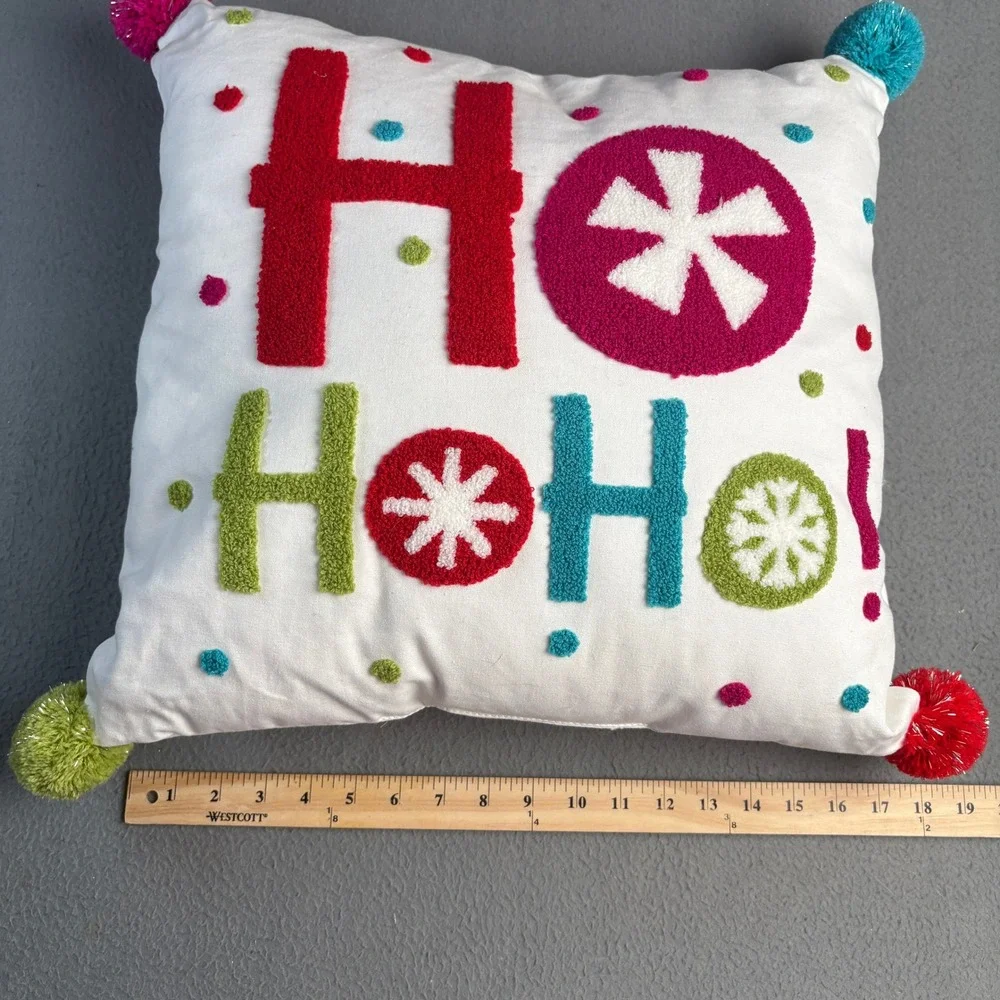 Hobby Lobby Christmas Ho Ho Ho Throw Pillow Colorful Pom Poms White HL 9164121